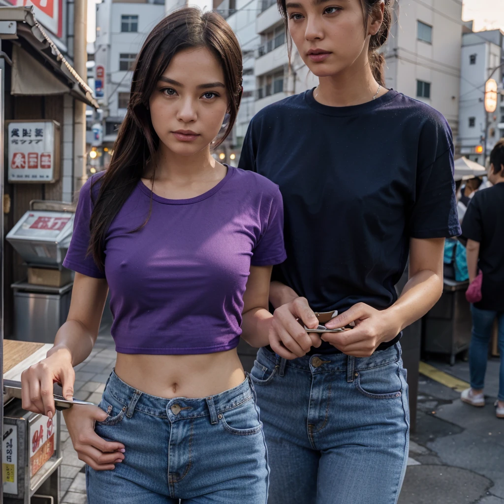 Female supermodel. Purple T-Shirt. Blue jeans. Dim, soft lighting. Sunset. Sunset. Kappabashi Kitchen Tools Street, Tokyo, Japan.