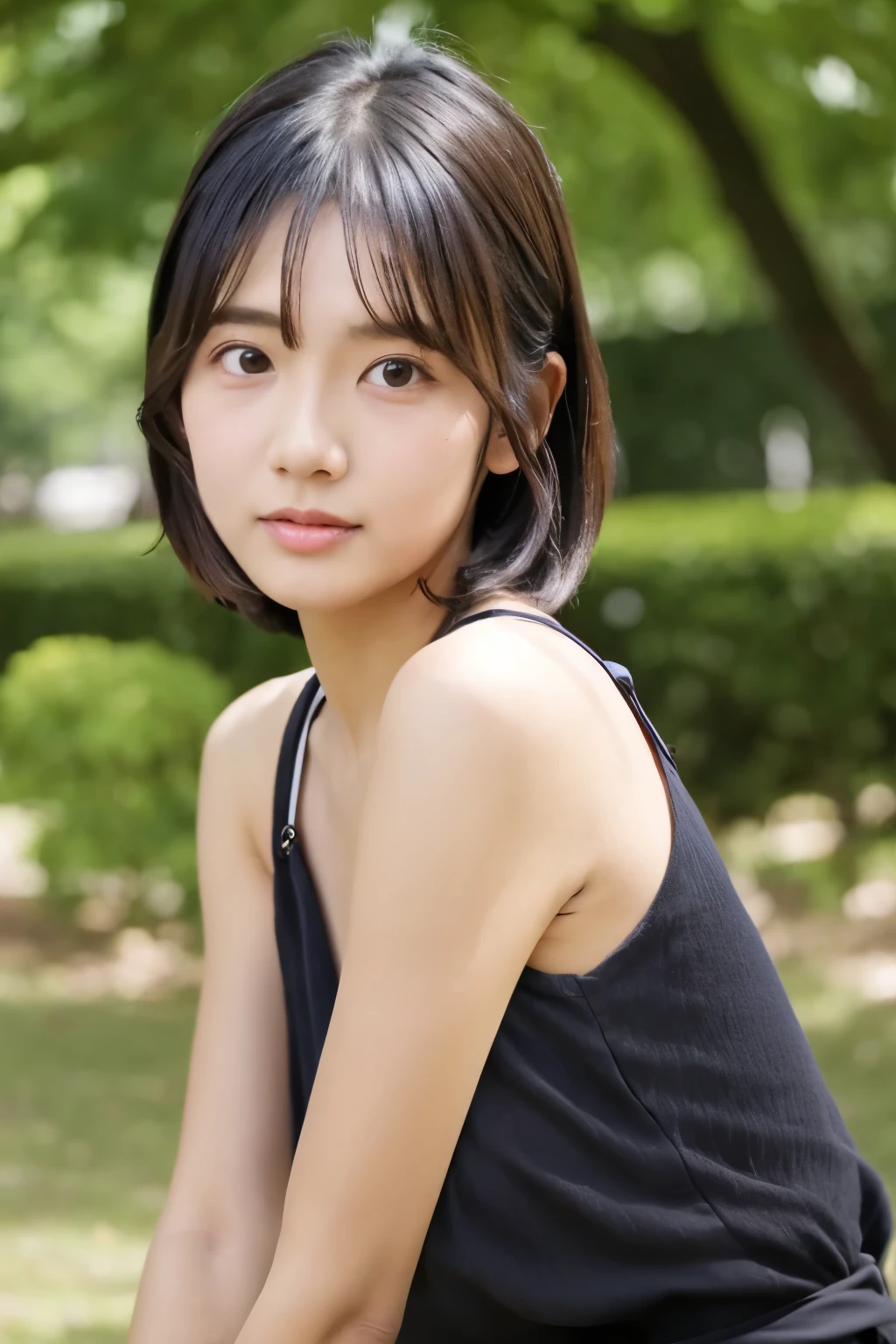 A Japanese lady, skinny figure, small breasts, extremely thin waist, beautiful face, beautiful eyes, natural make up, black straight hair, short hair, wearing a tight grey dress, looking back for a viewer, 1girl in, solo, detailed face and eyes, detailed fingers and arms. Full body photo. Realistic, Photorealistic.