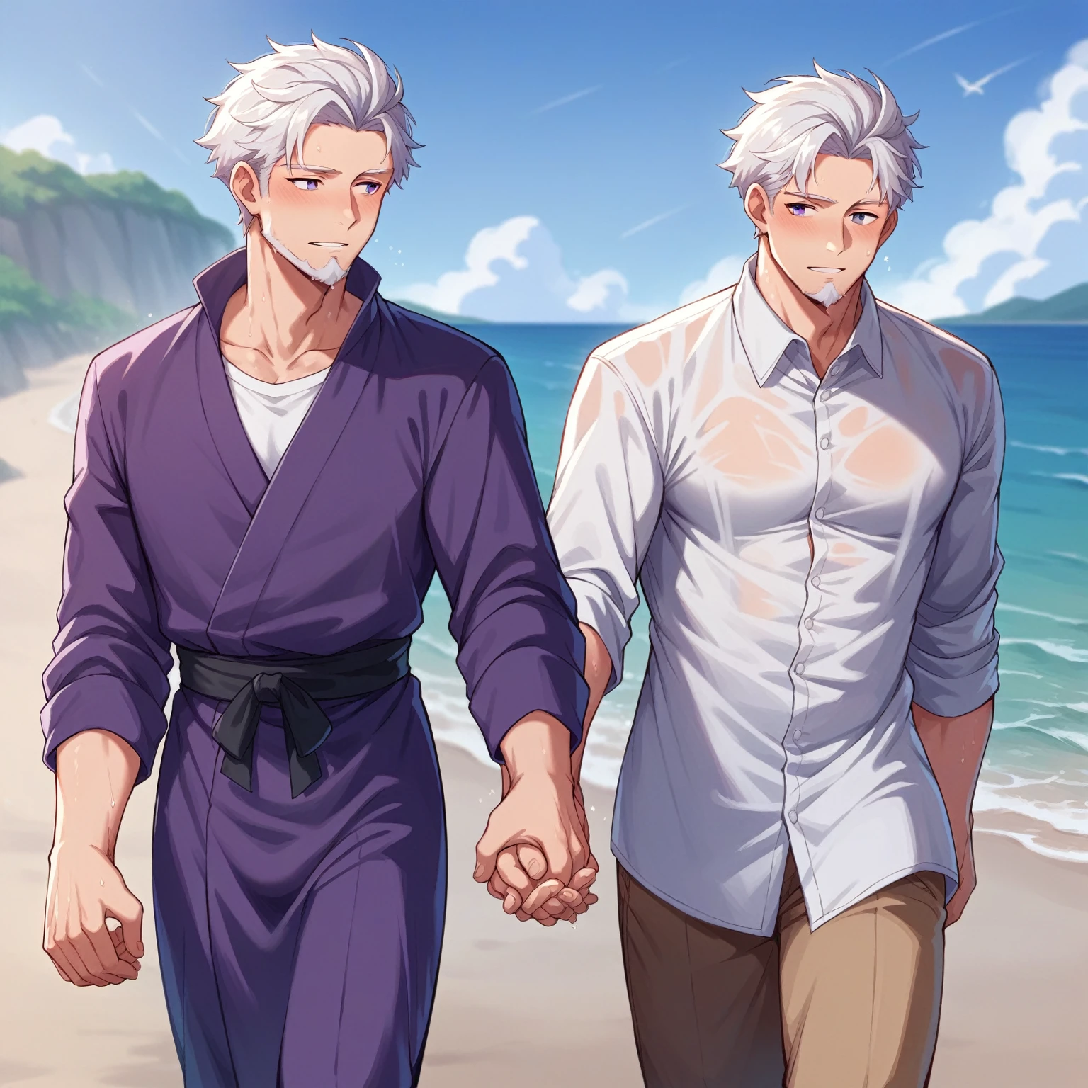 2men, {bg3gale, purple robe, beard}, yaoi, score_9, score_8_up, score_7_up, score_6_up, source_anime, walking on the beach, holding hands, romantic, {bg3astarion, white hair, wet white shirt}