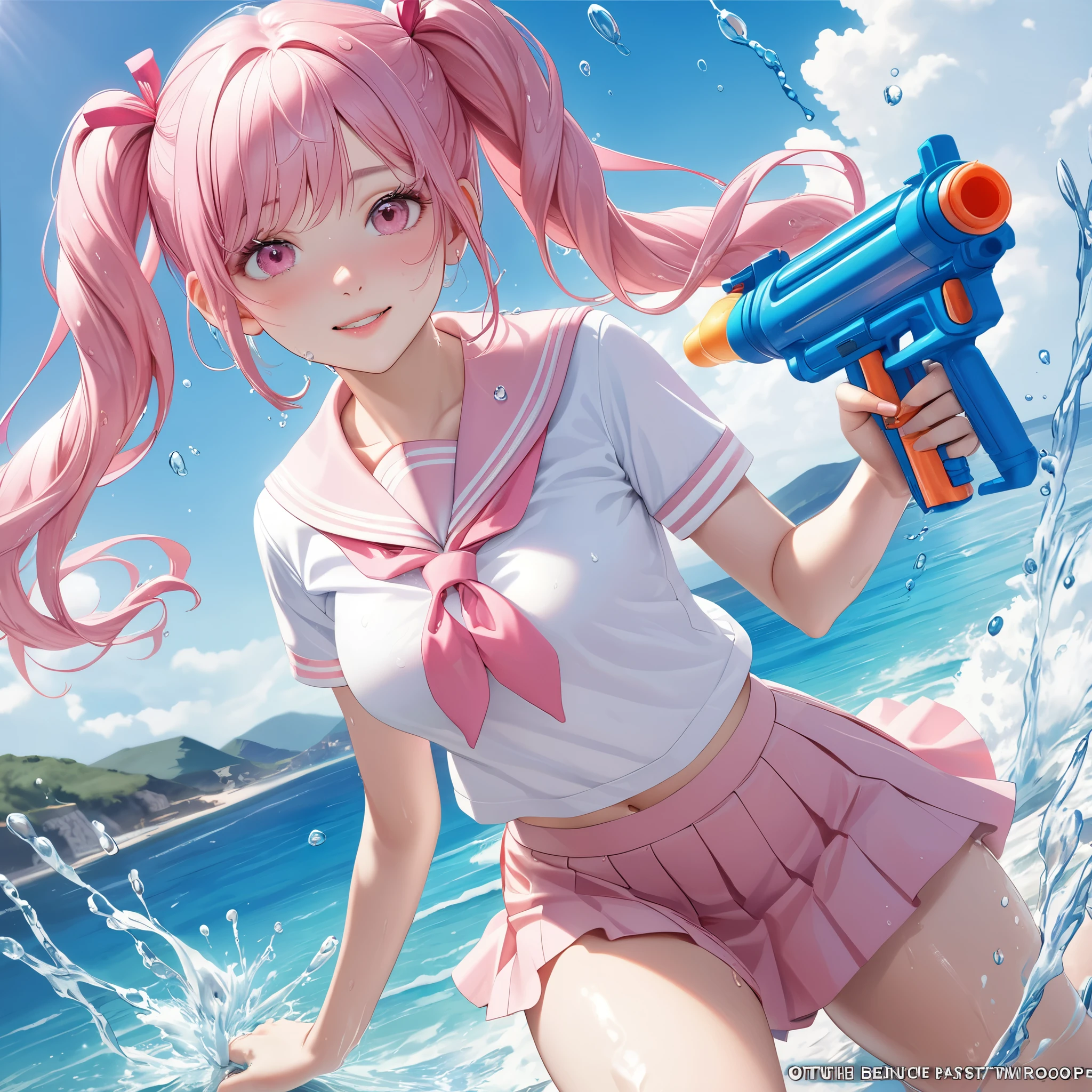 (8K, masutepiece, Best Quality, Official art, beautiful detailed, beautiful lighting, best masterpiece in history that exceeds limits), (1 Girl, Solo), (sixteen years old), (beautiful detailed face), (wet shiny white skin), (Beautiful big bust:1.3), (thighs, navel), (beautiful detailed pink twin tails hair, Bangs:1.3), (beautiful detailed drooping pink eyes:1.5), (high school uniform:1.3), (wet patsel pink sailor collar, white short sleeves short length outing shirt, pastel pink pleated skirt, patsel pink ribbon:1.3), (happy smile:1.2), (dynamic angle, dynamic cut, Attractive, Look at the camera, cute pose), breathtaking scenery, (ultra detailed realistic Beautiful sea, blue sky, summer:1.2), (water gun, release water, water splash:1.5),