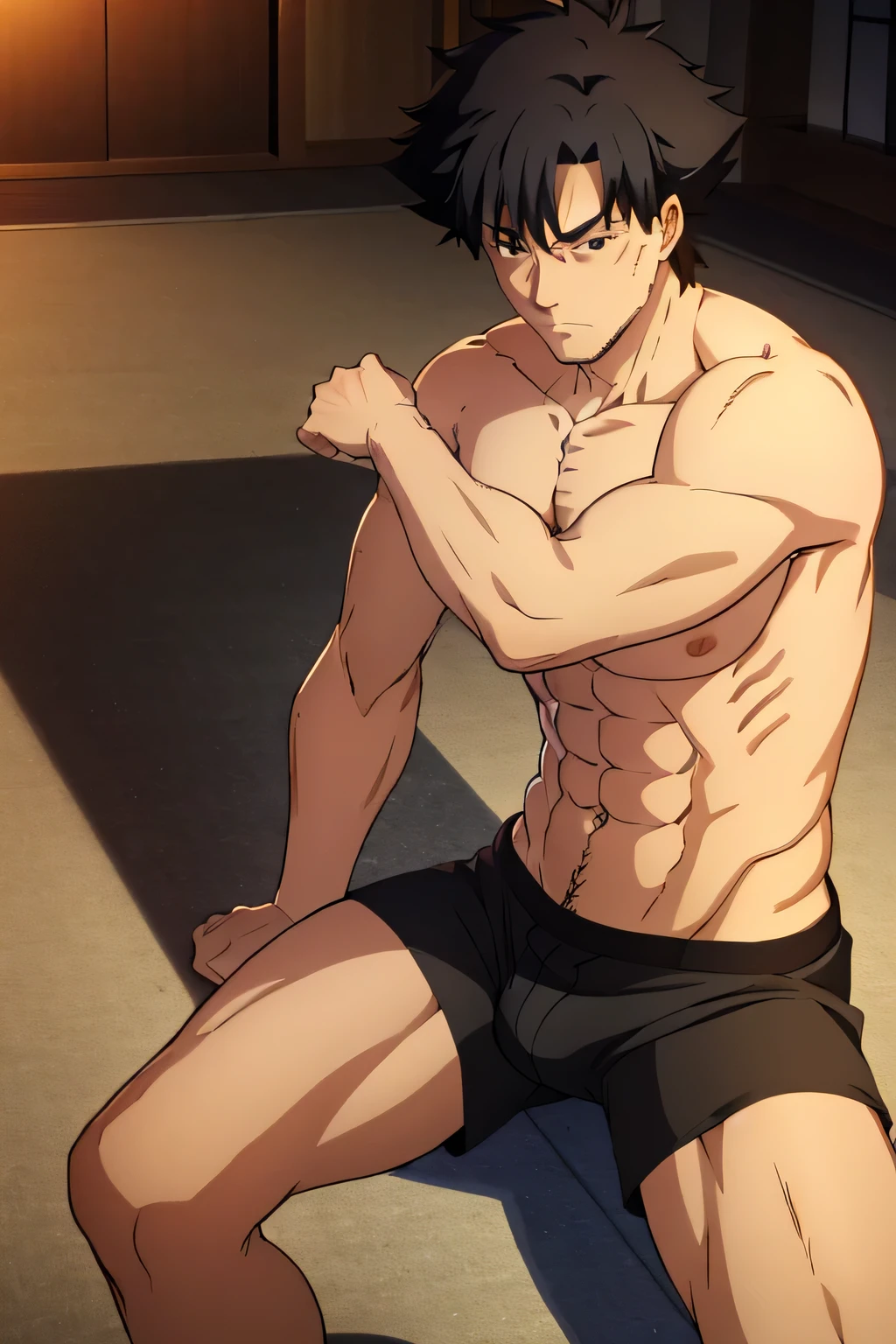 Kiritsugu is sitting and flexing his arms. He wears black short boxershorts. You can see his thighs completely. He is shirtless. He has a huge bulge. You can see his abs too.