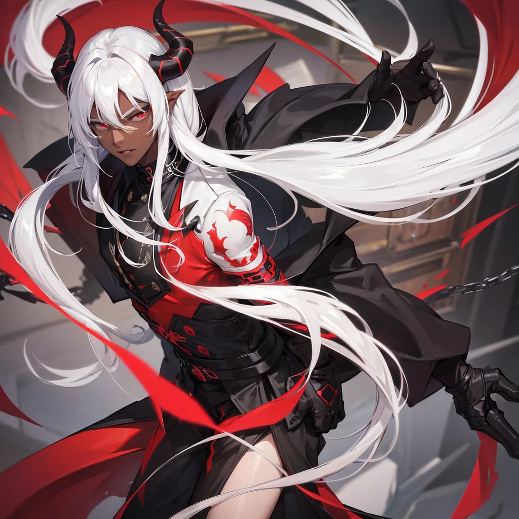 Young man, dark skin, white hair, long hair, strong body, handsome face, demon horns, big black wings, black and red suit, intimidating appearance, Incubus.