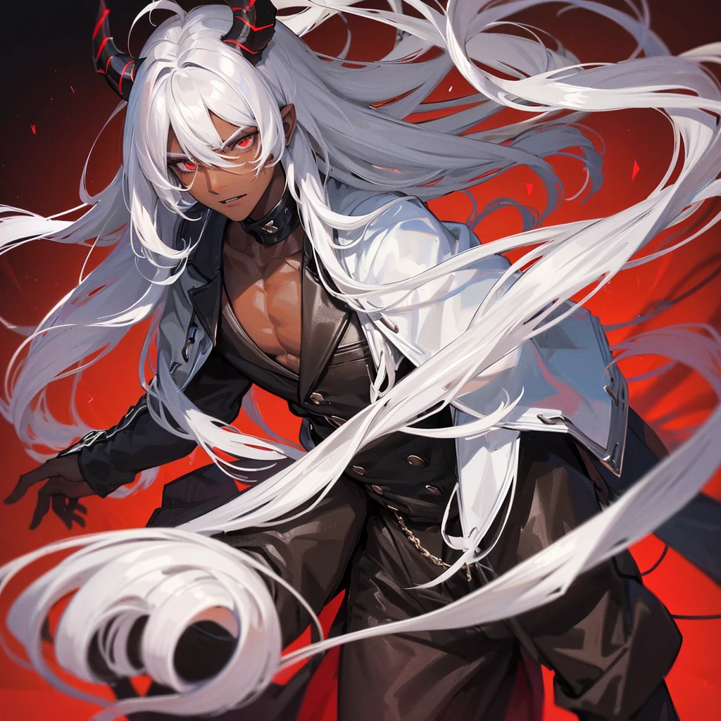 Young man, dark skin, white hair, long hair, strong body, handsome face, demon horns, big black wings, black and red suit, intimidating appearance, Incubus.