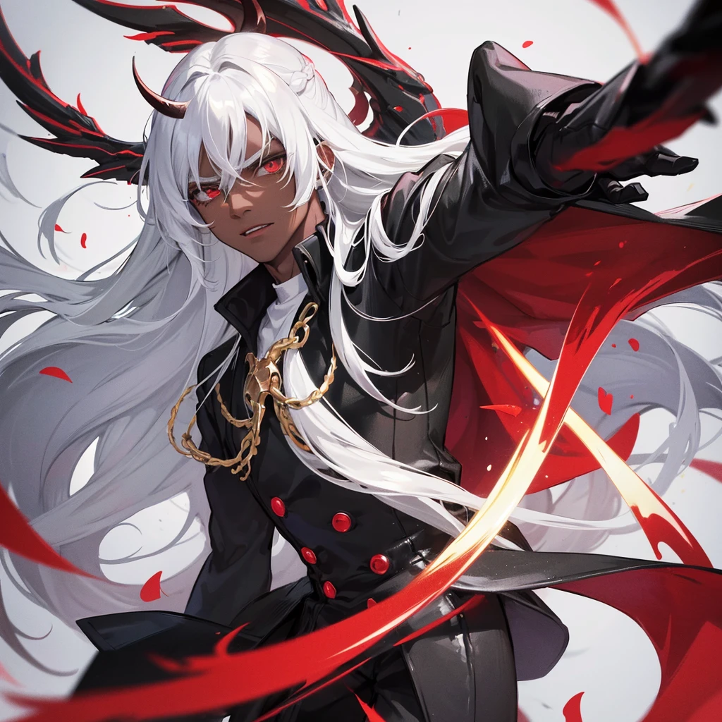 Young man, dark skin, white hair, long hair, strong body, handsome face, demon horns, big black wings, black and red suit, intimidating appearance, Incubus.