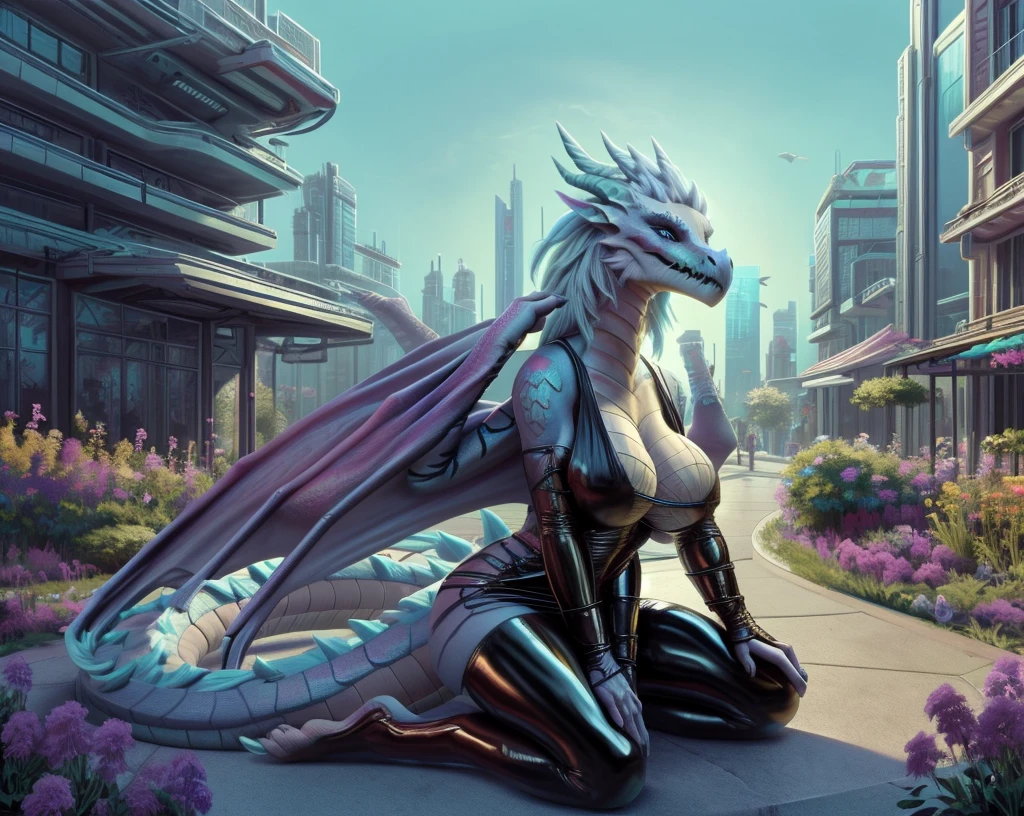 an extremely talented impressionist painting of mature AurothDOTA wyvern in cyberpunk setting, summer, town park, flowers bloom, skyscrapers in distance, masterpiece, best quality, ultra-high-detailed, feral, female, anthro, detailed scales, slim body, athletic, curvy, light blue mane, uploaded on e621, nsfw, questionable content, scalie, wings, wyvern, focus on face, serious face, 1girl, solo, blush, large breasts, latex dress, sideless outfit, arm guards, latex thighihighs, fishnets, cross-laced clothes