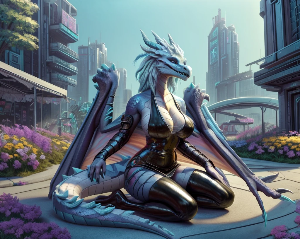 an extremely talented impressionist painting of mature AurothDOTA wyvern in cyberpunk setting, summer, town park, flowers bloom, skyscrapers in distance, masterpiece, best quality, ultra-high-detailed, feral, female, anthro, detailed scales, slim body, athletic, curvy, light blue mane, uploaded on e621, nsfw, questionable content, scalie, wings, wyvern, focus on face, serious face, 1girl, solo, blush, large breasts, latex dress, sideless outfit, arm guards, latex thighihighs, fishnets, cross-laced clothes