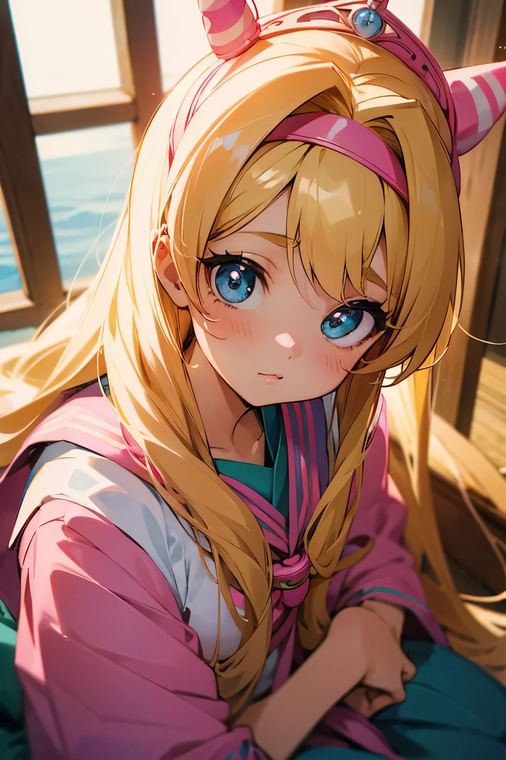Sailor girl wearing a pink crown sitting in front，Blonde Barbie，Japanese manga style，big eyes，Romantic and cute，90s retro，1:1