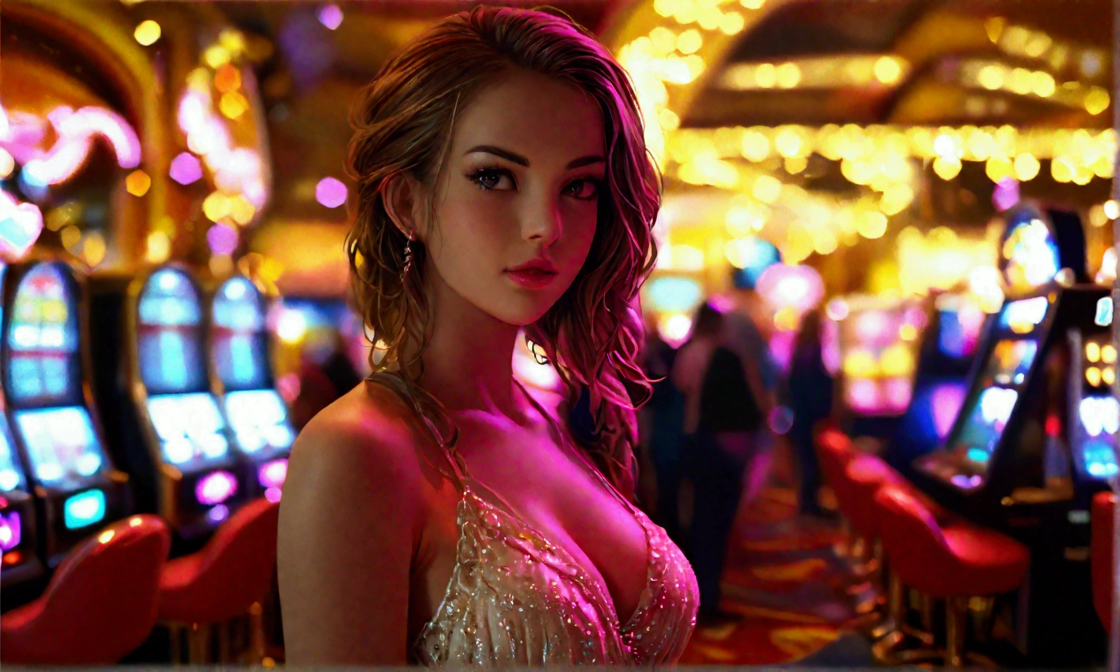 girl standing at a dice machine in casino, three large white dices in a glass cylinder. colorful casino atmosphere, vibrant colors, photorealistic, medium shot, neon lights
