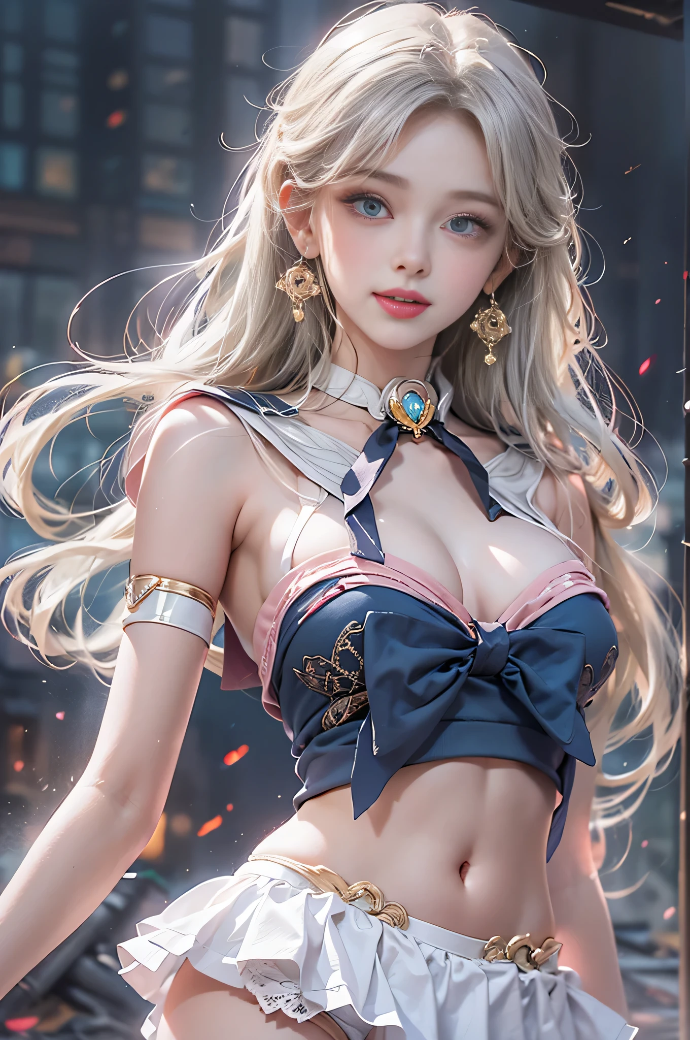 Jennie Blackpink Gorgeous Sheer Blue Short Dress, ​masterpiece, best qualtiy, High resolution, venus1, Yui, (Sailor Senshi Uniform:1.4), sailorvenus, aino minako, Golden white hair, magical , blue eyes, orangeskirt, Elbow length gloves, tiarra, 60% Pleated mini-skirt , hair bows, Sailor color in orange, a miniskirt, gargantilha, Red bow, orangechoker, white glove, Very long hair, jewely, earrings, Denim Throws, View from below, ((intricate detailes)), They are smiling,,More detailed 8K.Unreal Engine:1.4,nffsw,best qualtiy:1.4, Photorealista:1.4, Skin Texture:1.4, ​masterpiece:1.8,​masterpiece, Better Quality,Object Objects], (detailed facial features:1.3),(Destroyed apocalyptic city:1.4),( jennieBlackpink:1.4)C:1.4), 16K HDR,),sexypose,((Skirt soars))、((White lace panties:1.2))(8K、RAW Photos、top-quality、​masterpiece:1.2)、(realisitic、Photorealsitic:1.37)、１Beautiful Japan High School Girl、perfect bodies、20yr old、Sexy Girl Sailor Suit Costume、Medium Boob、(Light shines on the face and chest)、(((((underboob)))))、Lower breast、Oily skin、skinny、 (Sexy uniform with a slight view of the underside of the chest)、(Visible lower milk、Uniform with navel and ribs visible)、Super Ultra Mini Skirt with visible hipbones and lower abdomen 、sensual face、provocative smiling、