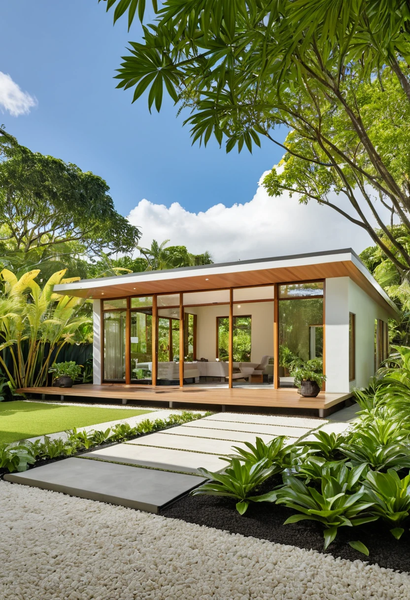 A hyper-realistic image of a single-story garden house with a minimalist design, featuring a combination of white and wood materials. The house has a flat roof, large glass windows, and a spacious front porch. The entrance is flanked by lush greenery and well-maintained garden paths. The garden includes various tropical plants, flowers, and trees. The overall ambiance is serene and contemporary, with detailed textures and realistic lighting, shadows, and reflections. The colors are bright and natural, showcasing the beauty of the materials and the surrounding garden environment. The sky is clear with scattered clouds, and the lighting gives a vibrant midday feel.