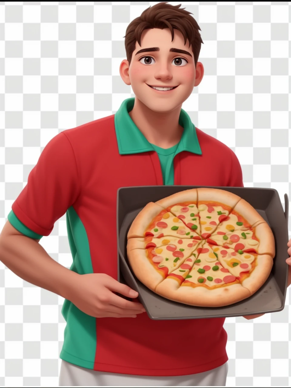 Young pizza chef with unwrinkled face and no beard, with the open smile of a champion