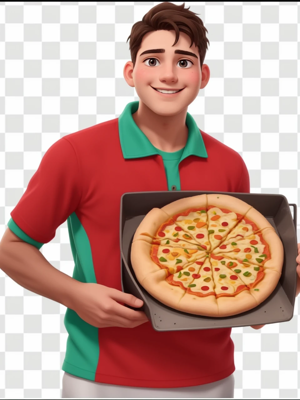 Young pizza chef with unwrinkled face and no beard, with the open smile of a champion