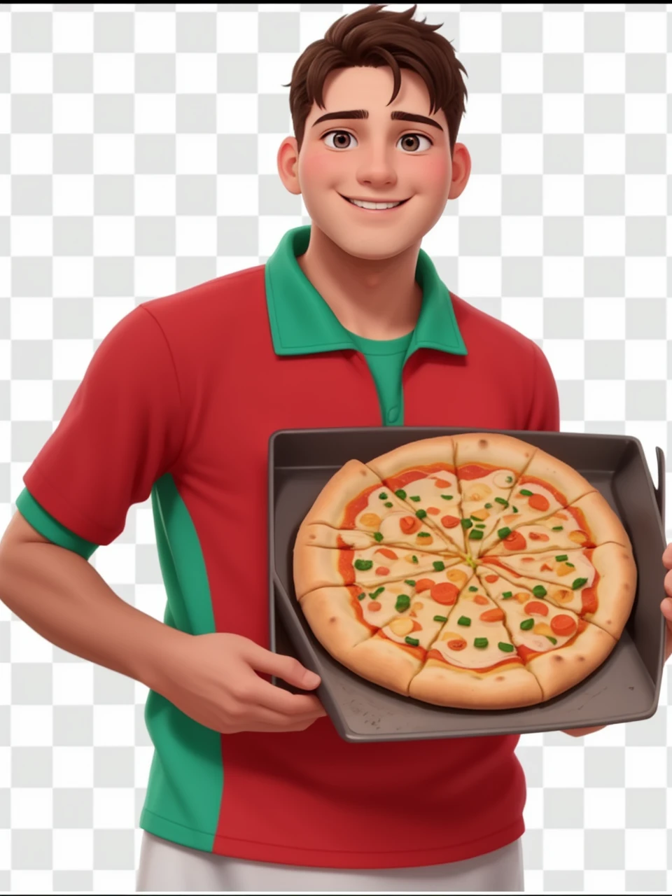 Young pizza chef with unwrinkled face and no beard, with the open smile of a champion 