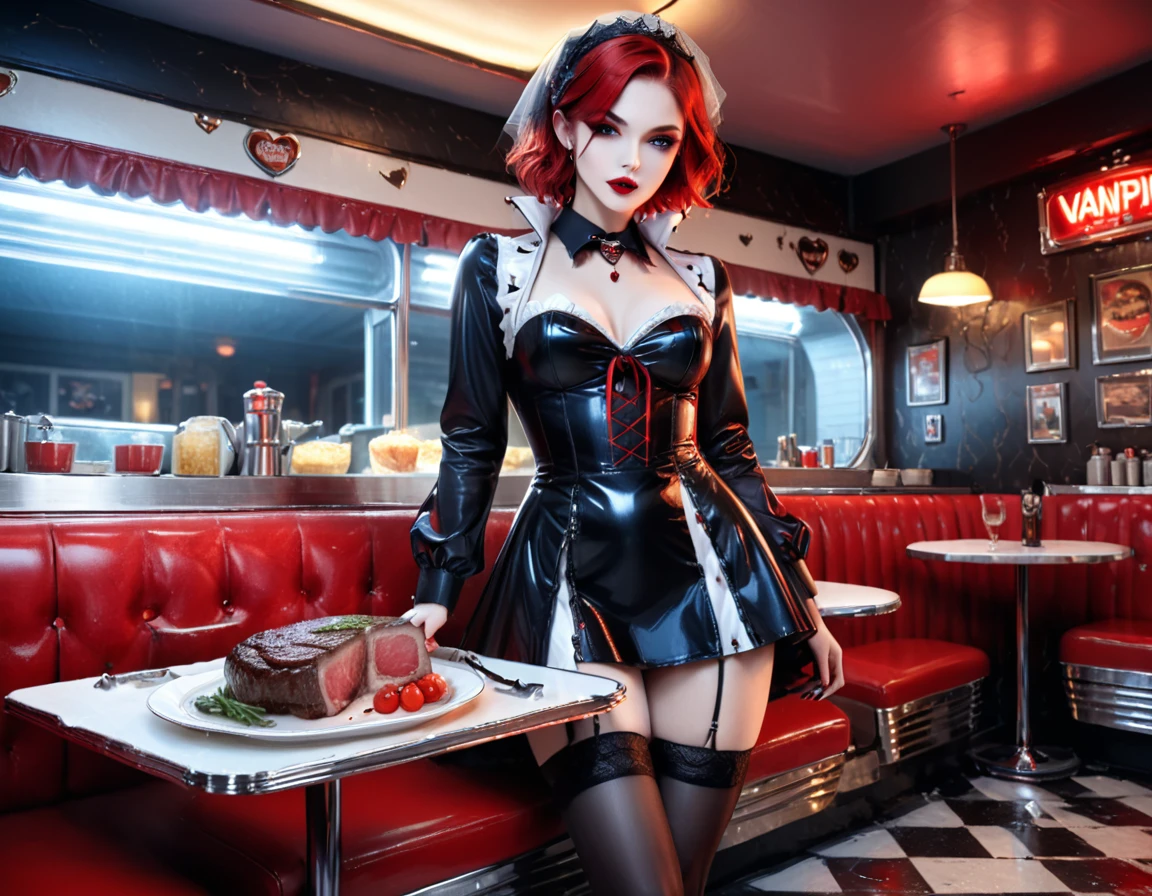 a 3D digital painting picture of extremely (beautiful female vanpire:1.3) serving a big juicy raw steak on a tray, dripping blood in a goth American diner, an exquisite beautiful female (vampire:1.3), (full body: 1.1) ultra feminine ultra detailed face, red hair, short hair, red lips, blue eyes, wearing sexy white seductive latex dress, serving a goth diner American kitchen background, full body dynamic angle, , award winning, best quality, high quality, high details, highres, vibrant, Ultra-high resolution, High Contrast, (masterpiece:1.5), highest quality, Best aesthetics, best details, best quality, highres, ultra wide angle, 16k, [ultra detailed], masterpiece, best quality, photorealistic, 3D rendering, hud_s1n, short black dress, long sleeves, veil, thighhighs