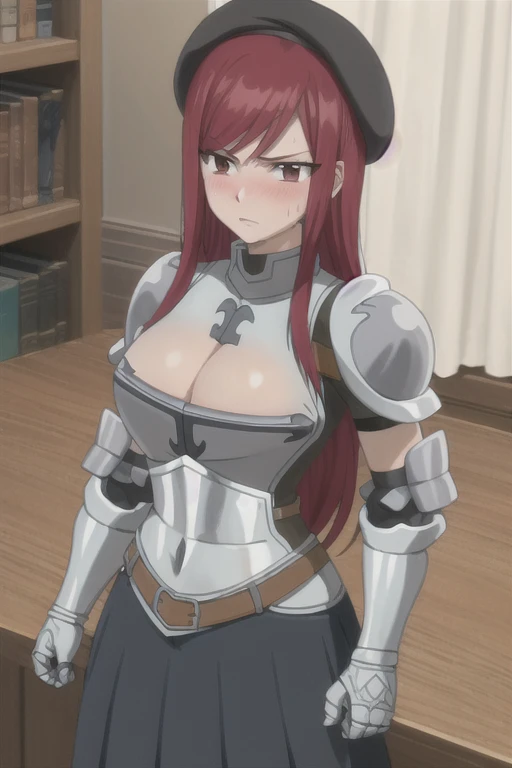 masterpiece, absurdres , (intricate details), (colorful), erza scarlet, blush, sweat, armor, breastplate, gauntlets, shoulder armor, black skirt, (black beret), (black hat), large breasts, (cleavage)