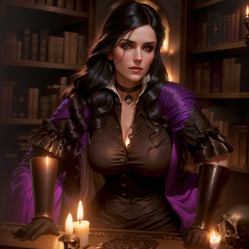 there is a woman Yennefer from the witcher , purple-eyed, big-breasted woman with arms crossed sitting at a table with a candle and a skull, Yennefer of vengerberg, Portrait of a sexy Sorceress, the librarian, casting a spell on a potion,