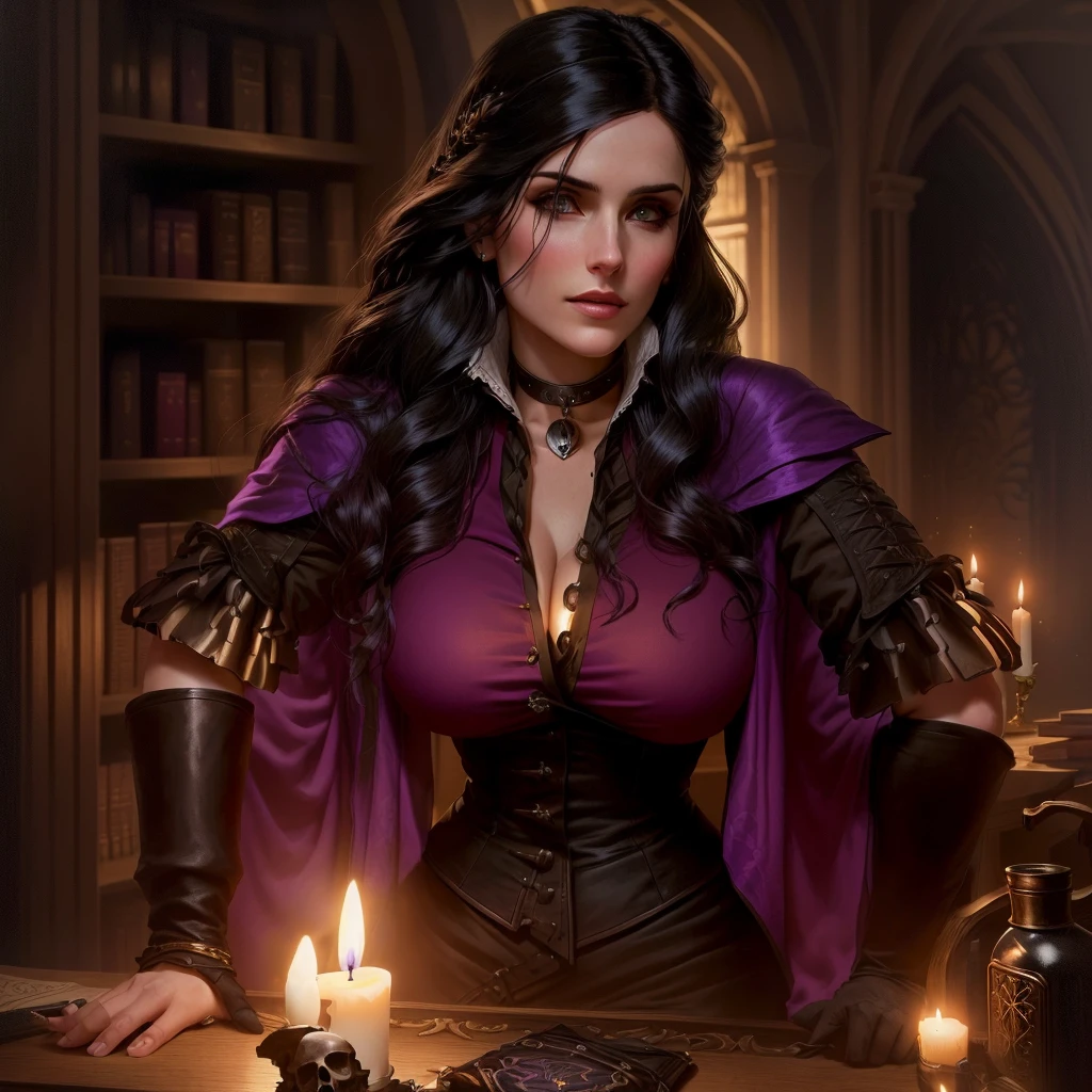 there is a woman Yennefer from the witcher , purple-eyed, big-breasted woman with arms crossed sitting at a table with a candle and a skull, Yennefer of vengerberg, Portrait of a sexy Sorceress, the librarian, casting a spell on a potion,