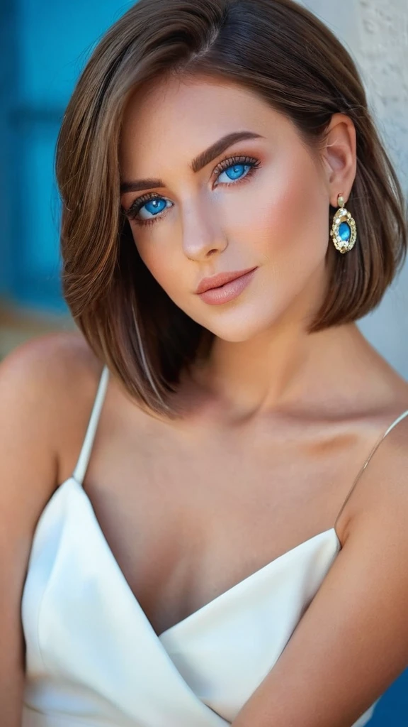 Realistic photo of a beautiful young Argentinian woman, very brown hair, stylish bob haircut, chinos, tight and elegant white dress, blue blue eyes, big blue eyes, jeweler's, realist, soft lighting, professional photography, photorealist, detailed, RAW, sharp focus, ultra high resolution, Best Quality, Masterpiece, (Best Quality, high resolution,ultra-detailed:1. 2), HDR, vibrant colors, beautiful girl, sexy, Breathtaking view, Big earrings, model, Lively atmosphere, Buenos Aires Landscape, argentina