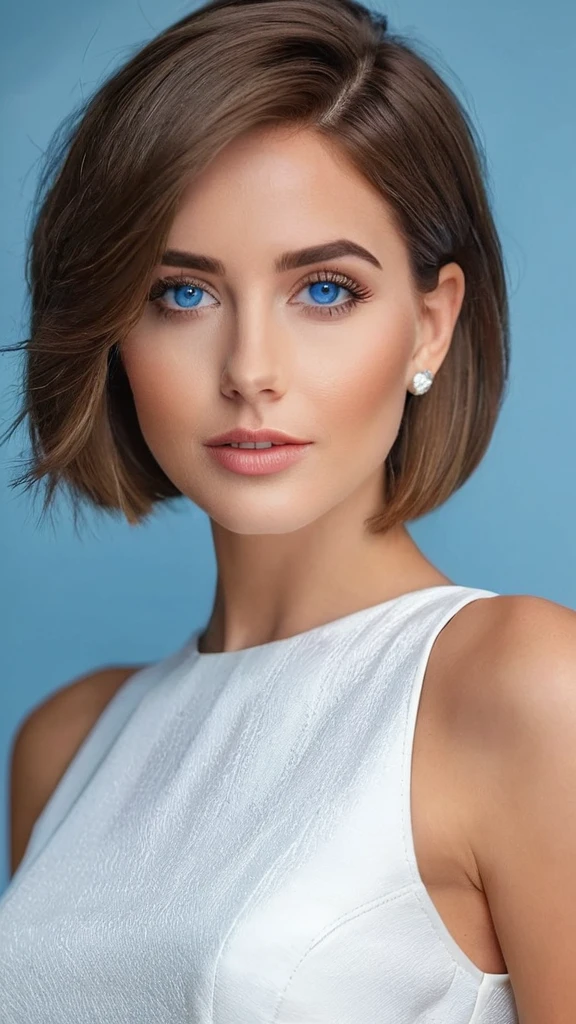 Realistic photo of a beautiful young Argentinian woman, very brown hair, stylish bob haircut, chinos, tight and elegant white dress, blue blue eyes, big blue eyes, jeweler's, realist, soft lighting, professional photography, photorealist, detailed, RAW, sharp focus, ultra high resolution, Best Quality, Masterpiece, (Best Quality, high resolution,ultra-detailed:1. 2), HDR, vibrant colors, beautiful girl, sexy, Breathtaking view, Big earrings, model, Lively atmosphere, Buenos Aires Landscape, argentina
