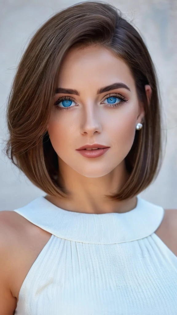 Realistic photo of a beautiful young Argentinian woman, very brown hair, stylish bob haircut, chinos, tight and elegant white dress, blue blue eyes, big blue eyes, jeweler's, realist, soft lighting, professional photography, photorealist, detailed, RAW, sharp focus, ultra high resolution, Best Quality, Masterpiece, (Best Quality, high resolution,ultra-detailed:1. 2), HDR, vibrant colors, beautiful girl, sexy, Breathtaking view, Big earrings, model, Lively atmosphere, Buenos Aires Landscape, argentina