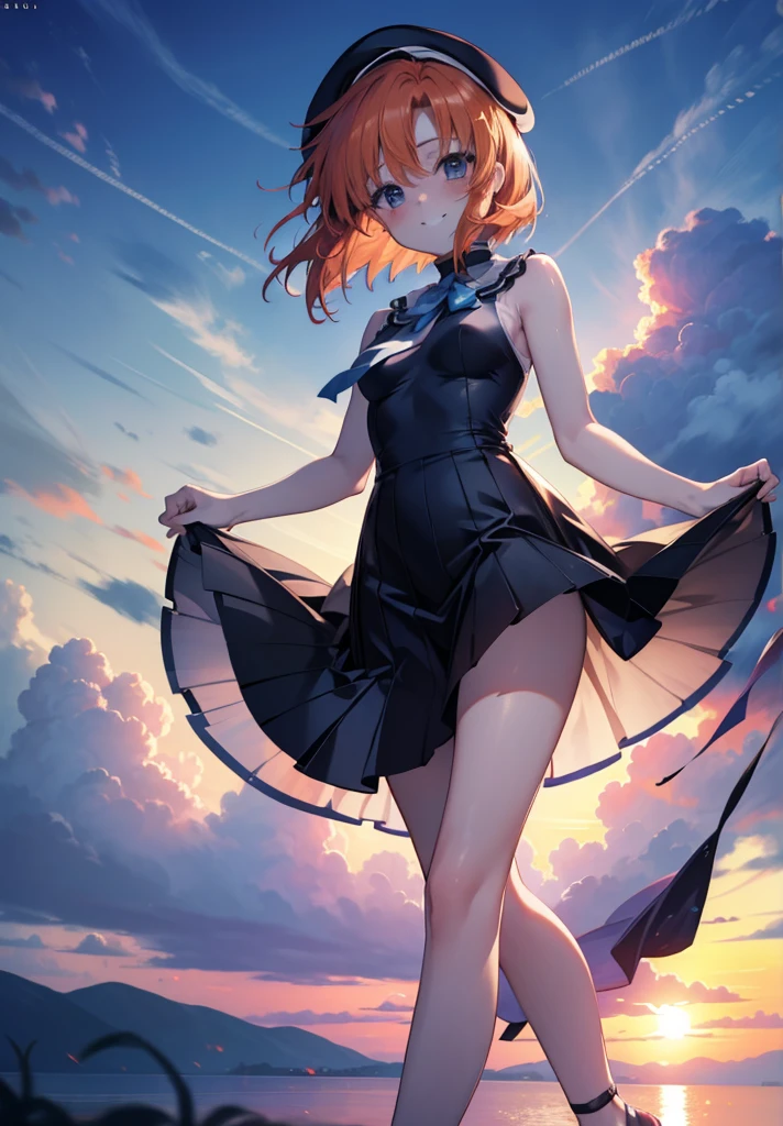 kidney, Rena Ryuuguu, Orange Hair, short hair, blue eyes, smile, blush,Grin,(Small breasts:1.2),beret,Sleeveless dress,Long skirt,Heeled Sandals,evening,sunset,The sun is setting,Walking,whole bodyがイラストに入る,
break looking at viewer,whole body,
break outdoors, In town,
break (masterpiece:1.2), Highest quality, High resolution, unity 8k wallpaper, (figure:0.8), (Beautiful attention to detail:1.6), Highly detailed face, Perfect lighting, Highly detailed CG, (Perfect hands, Perfect Anatomy),