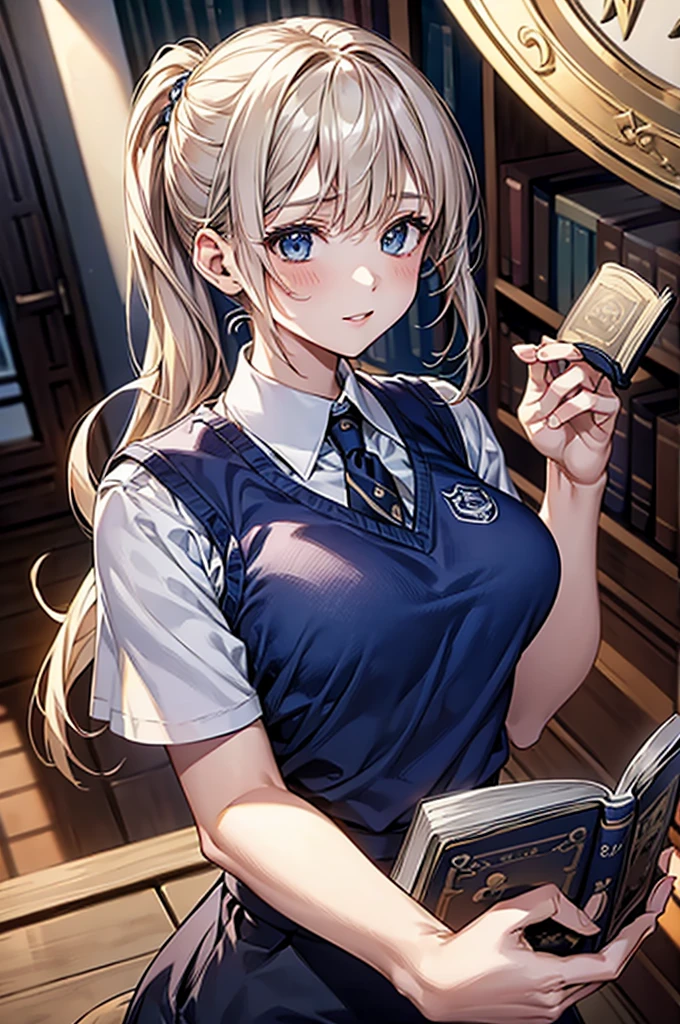 masterpiece、Highest quality、Very detailed、An illustration、Beautiful attention to detail、One Girl、cute、Detailed landscape、Library Background、Platinum Blonde Hair、Braided Ponytail、((D cup breasts, Collared short-sleeved shirt:1.3, A navy blue vest with the school emblem on the chest, Navy blue slacks)), (Reaching for a book that is high up:1.6)