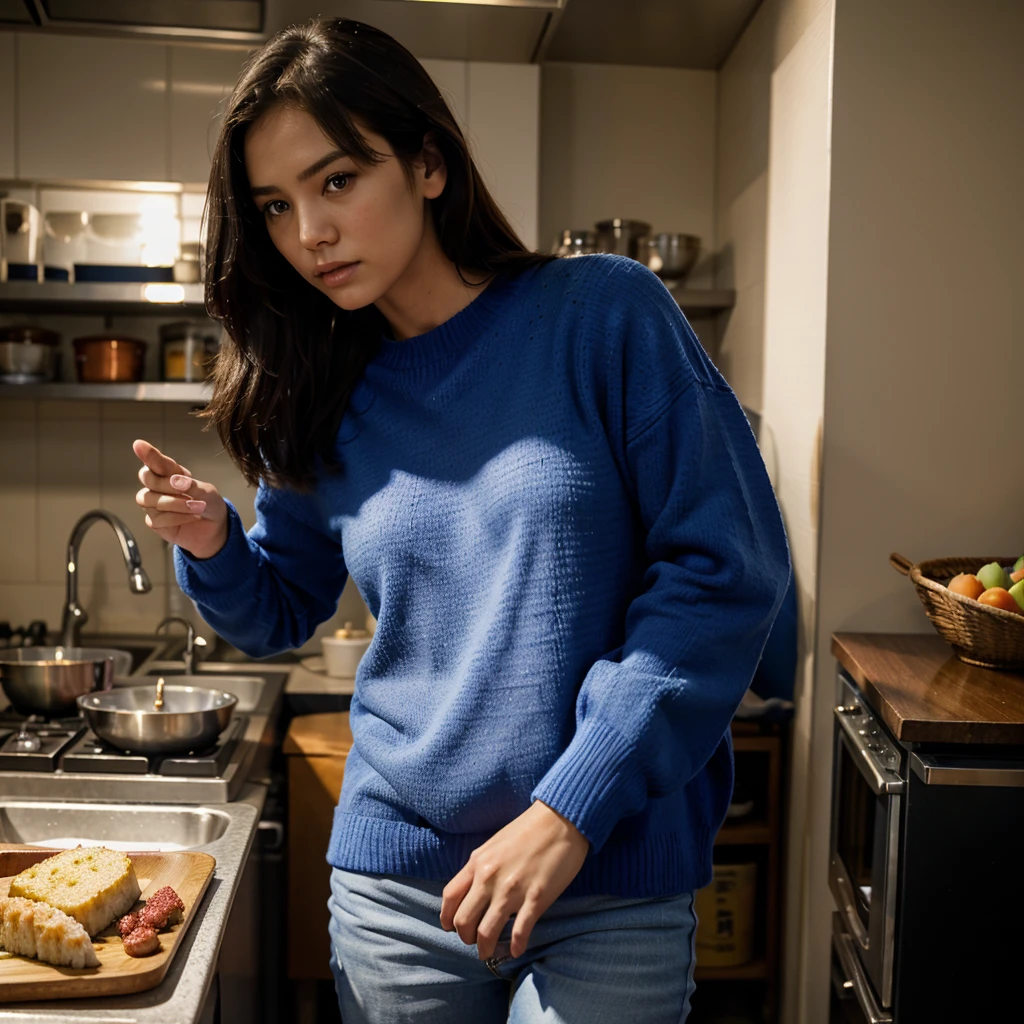 Female supermodel. Royal blue sweater. Blue jeans. Dim, soft lighting. Sunset. Sunset. Kappabashi Kitchen Tools Street, Tokyo, Japan.