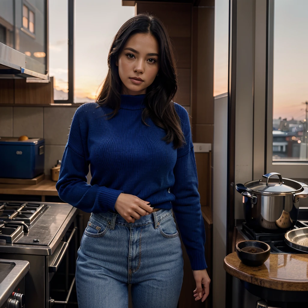 Female supermodel. Royal blue sweater. Blue jeans. Dim, soft lighting. Sunset. Sunset. Kappabashi Kitchen Tools Street, Tokyo, Japan.