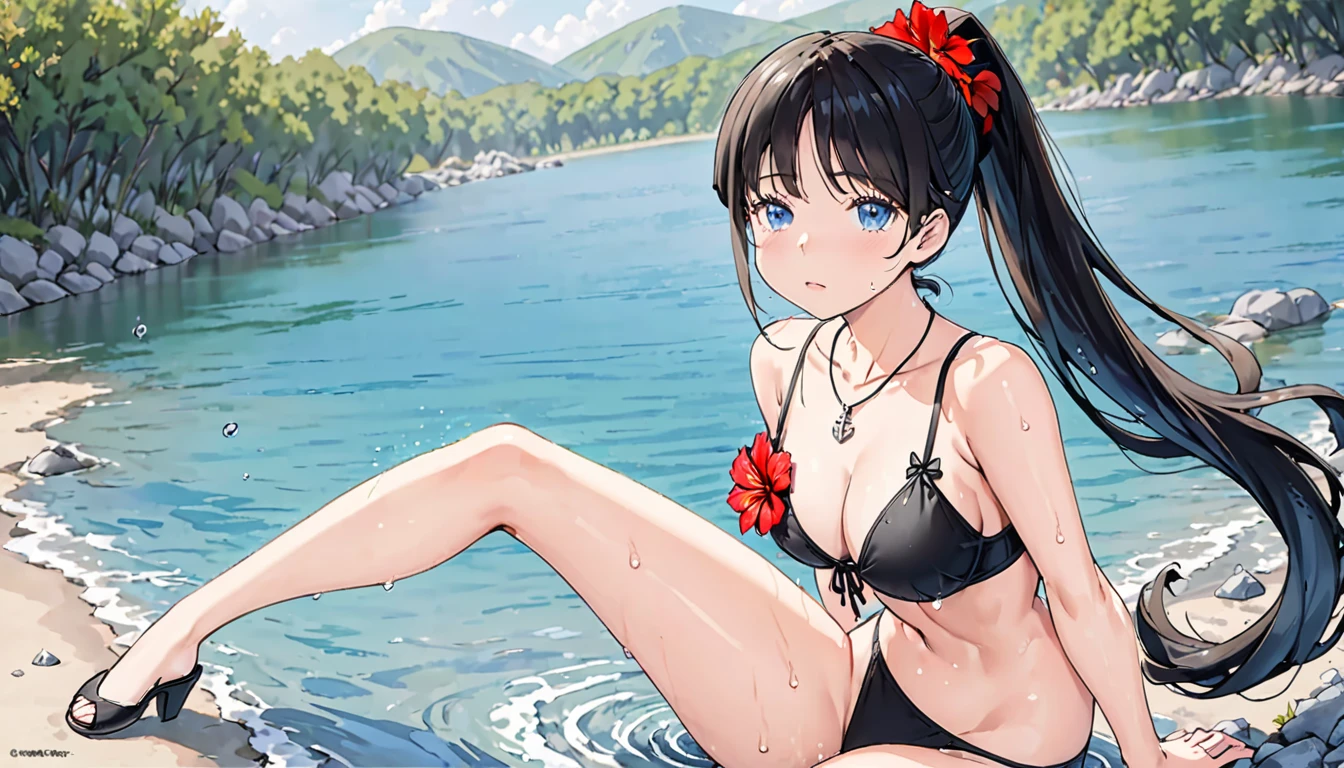 **Prompt:** "Please draw an anime-style female character with the following characteristics: - **Hair**: Long black hair tied in a ponytail, adorned with a red hibiscus flower. - **Eyes**: Blue eyes with a slight blush on her cheeks. - **Expression**: She has a slightly downward gaze with a somewhat troubled expression. - **Outfit**: She is wearing a black bikini. The bikini top has thin straps and an anchor pendant at the chest. The bikini bottom is also black with the text 'IRONBLOOD' written on it. She has a black garter on her left thigh. She is also wearing a light blue shirt that is slipping off her shoulders. - **Body**: She has a toned physique with emphasized muscle lines on her chest and abdomen. Her skin has water droplets, giving the appearance that she is wet. - **Pose**: She is standing with one leg raised, bent at the knee, and her body tilted at an angle. - **Background**: The background shows a blurred water surface, indicating that she is by the water. There are stones or rocks visible in the water."