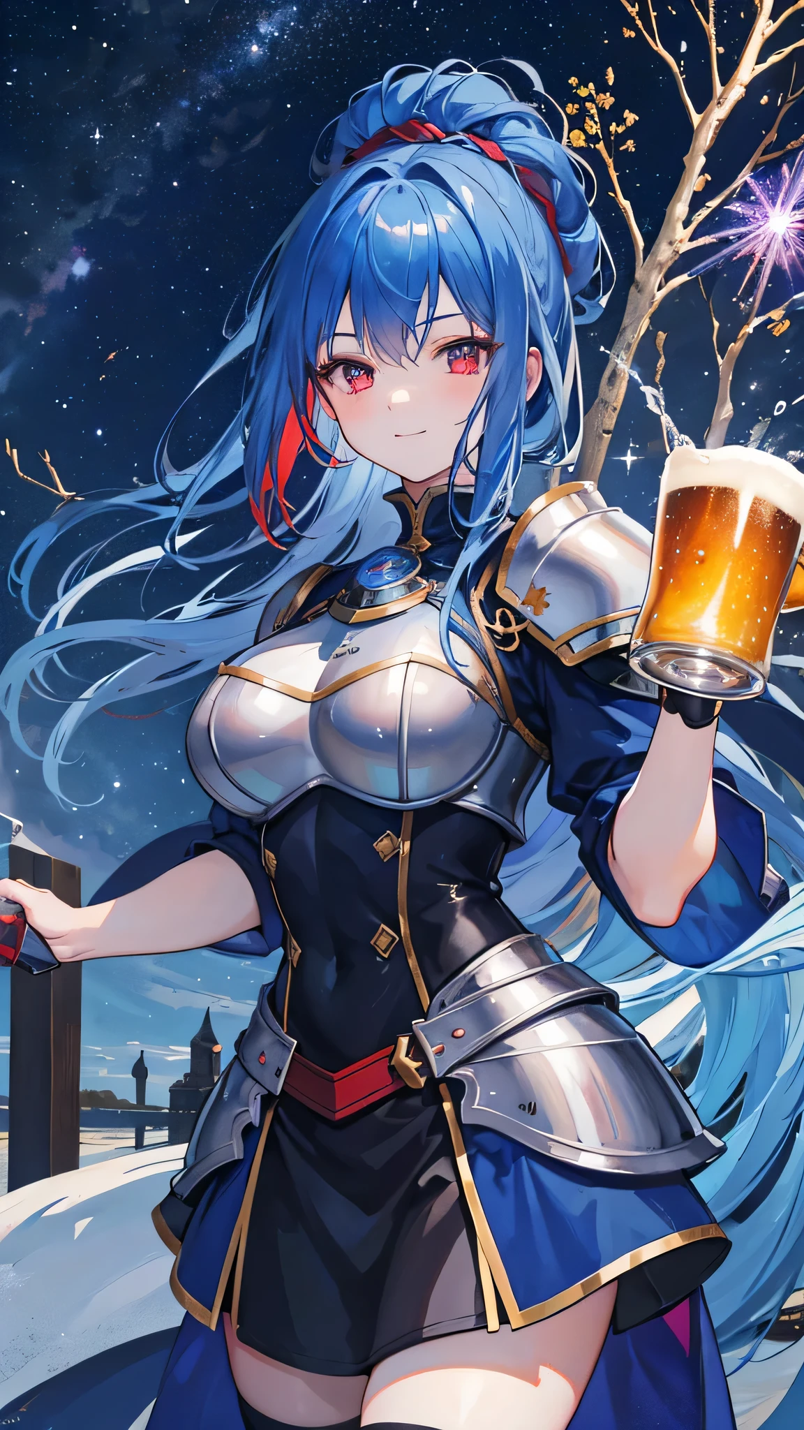 a female knight, deep blue hair, red eyes, armor, holding a beer stein, toasting, smiling, fantasy world, night sky, seven-colored comet, starry night sky, outdoors, fantastical atmosphere, with a shallow depth of field, large tree in distant background, best quality, 8k, ultra-detailed, masterpiece