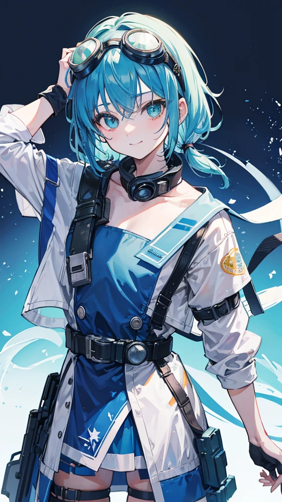Cowboy Shot, Animal ears, Revealing clothing, (Put goggles on your head:1.3), Blue Theme, otoko no ko,, ultra detailed, masterpiece, Highest quality, beautiful, detailed,, ultra detailed, masterpiece, Highest quality, alone, smile, One girl, Green Eyes, short hair, Black Hair, bangs, Hair between the eyes, Messy Hair, (Put goggles on your head:1.2),
information