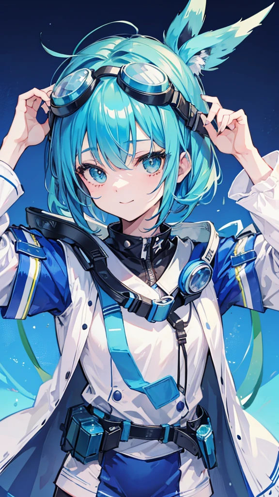 Cowboy Shot, Twin tails, Revealing clothing, (Put goggles on your head:1.3), Blue Theme, otoko no ko,, ultra detailed, masterpiece, Highest quality, beautiful, detailed,, ultra detailed, masterpiece, Highest quality, alone, smile, One girl, Green Eyes, short hair, Blue Hair, bangs, Hair between the eyes, Messy Hair, (Put goggles on your head:1.2),
information