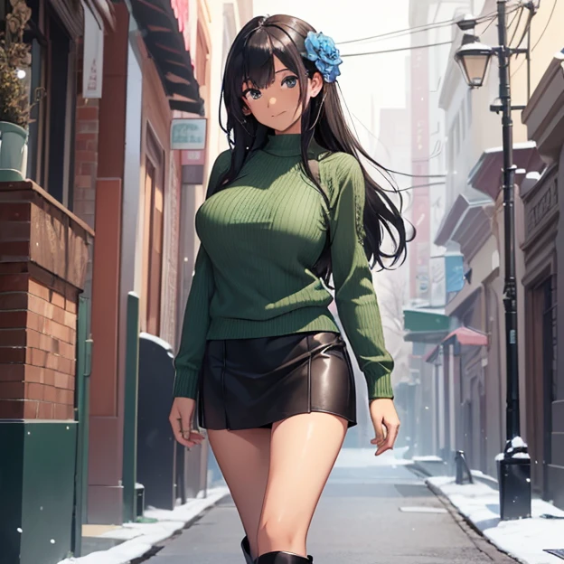 Best high Quality image, very detailed textures, carefully detailed image, absurdres
{{(1character: 29 years old dark-tan-skin black-haired girl), (tan skin, blue-grey eyes, calm smile, absolute feminine beauty, long black hair with a pink flower at left side, thin pale lips, big breasts, round big butt, beautiful arms, beautiful legs, lovely and relaxed, walking at the plaza (leather boots, green sweater, pink underwear), (snow morning)}}