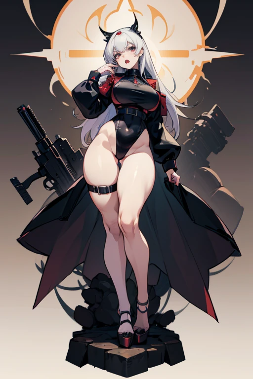 Angry scream, Open mouth, young girl, Pullover, whole body to see, lace straight hair, (( very wide hips)), (((colossal Thighs, gigantic thighs, very huge thighs, very big thighs))), fullbody, platform heels, pale skin, gun, soldier girl , full body, military , latex high cut leotard, cyberpunk, battle, thigh gaterbelt, standing, front pose,