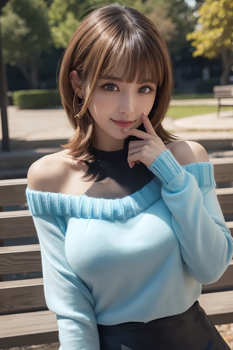 memcho, memcho, (Big Breasts:1.3), Blonde, blue eyes, Blunt bangs, devil horn, fake horn, horn, short hair, Breaking the Bare Shoulders, black skirt, (blue sweater: 1.5), Long sleeve, Off the shoulder, Off the shoulder sweater, Puffy sleeves, skirt, sweater, White ribbon, Taking a break from watching the audience,  (at the park), (masterpiece: 1.2), best quality, High resolution, Unity 8k wallpaper, (An illustration: 0.8), (Beautiful eye details: 1.6), Very detailed顔, Perfect lighting, Extremely detailed CG, (Perfect hands, Perfect Anatomy) , Perfect Eyes, Have a very sexy body, Have a full chest and a slim waist, And a very sexy body, Bold Look. young, quality, Very detailed, Realistic, smile, Calm, Perfect Eyes, Have a very sexy body, Have a full chest and a slim waist, And a very sexy body, Bold Look. young, quality, Very detailed, Realistic,