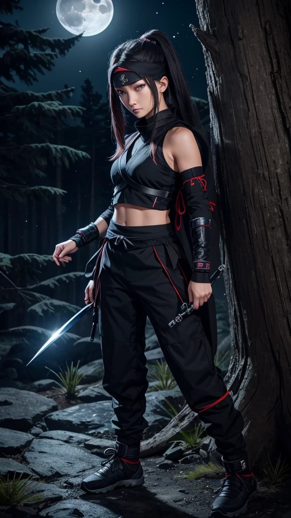 8K resolution, high image quality, high quality, real, female, ninja, kuichi, ice-cold eyes, ninja clothes, or have a shuriken in your hand, moonlit night, full moon, lurking in a pine tree branch, image from head to foot,