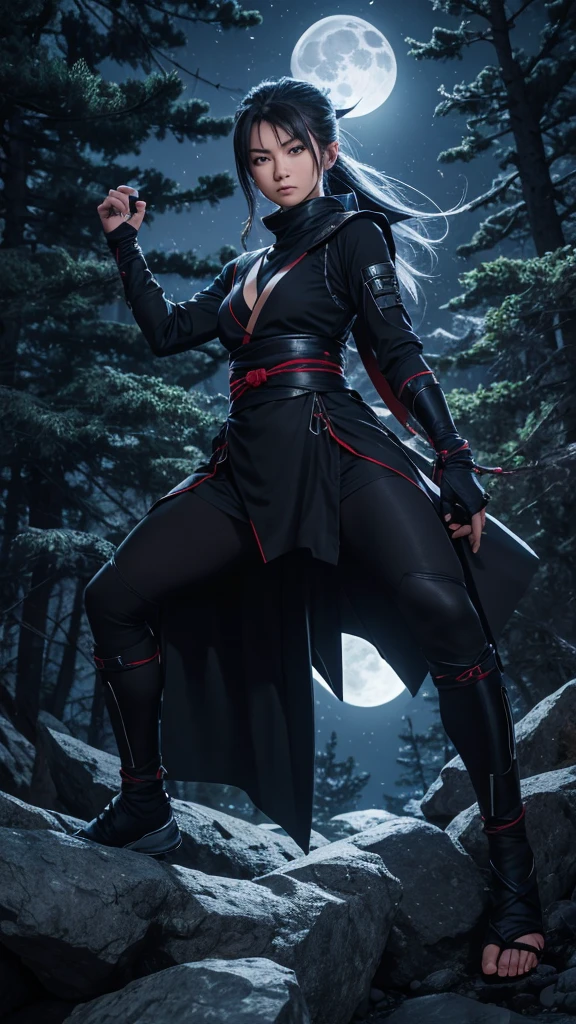 8K resolution, high image quality, high quality, real, female, ninja, kuichi, ice-cold eyes, ninja clothes, or have a shuriken in your hand, moonlit night, full moon, lurking in a pine tree branch, image from head to foot,