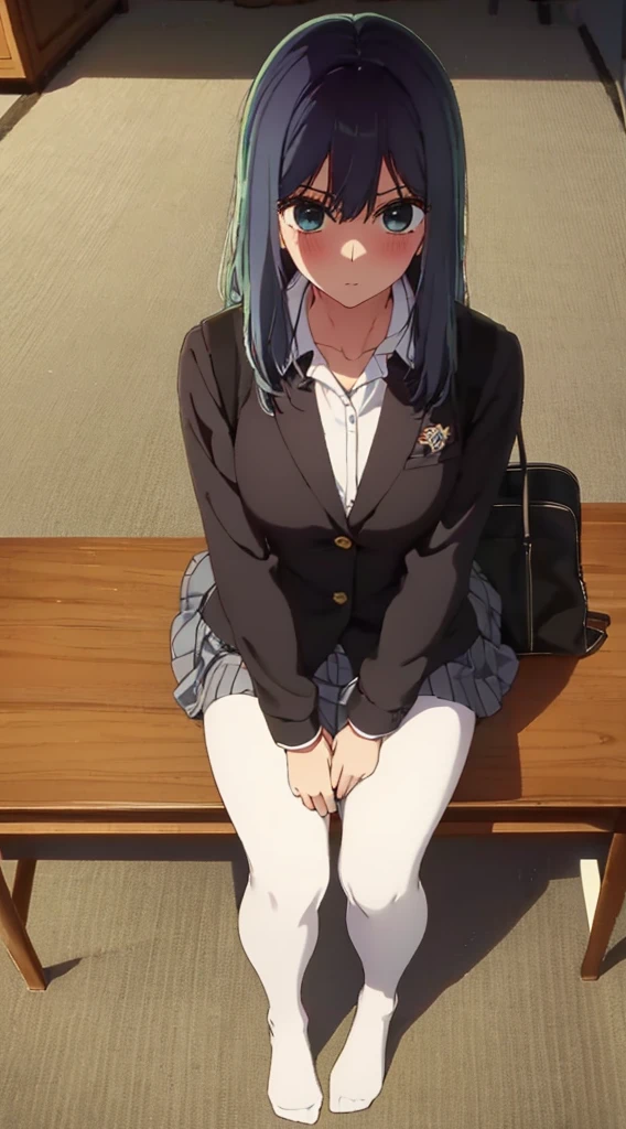 Top quality, masterpiece, High resolution, (Head to toe full body), front, frontやや下からの構図, Symmetric, Tall 18 year old girl, alone, (Head to toe), (Small breasts), bangs, (black tights), (Black Pantyhose), (Sit with your legs apart), (Crouching pose), (A composition showing white panties), (Her legs were spread、I see your white pants.), (I was made to sit on the floor with my legs spread..), (M-shaped legs), Thin legs, A very beautiful and tall 18 year old girl, (No shoes), blush, Shy big eyes, looking at the camera, Blazer Uniform, Checkered Pleated Skirt