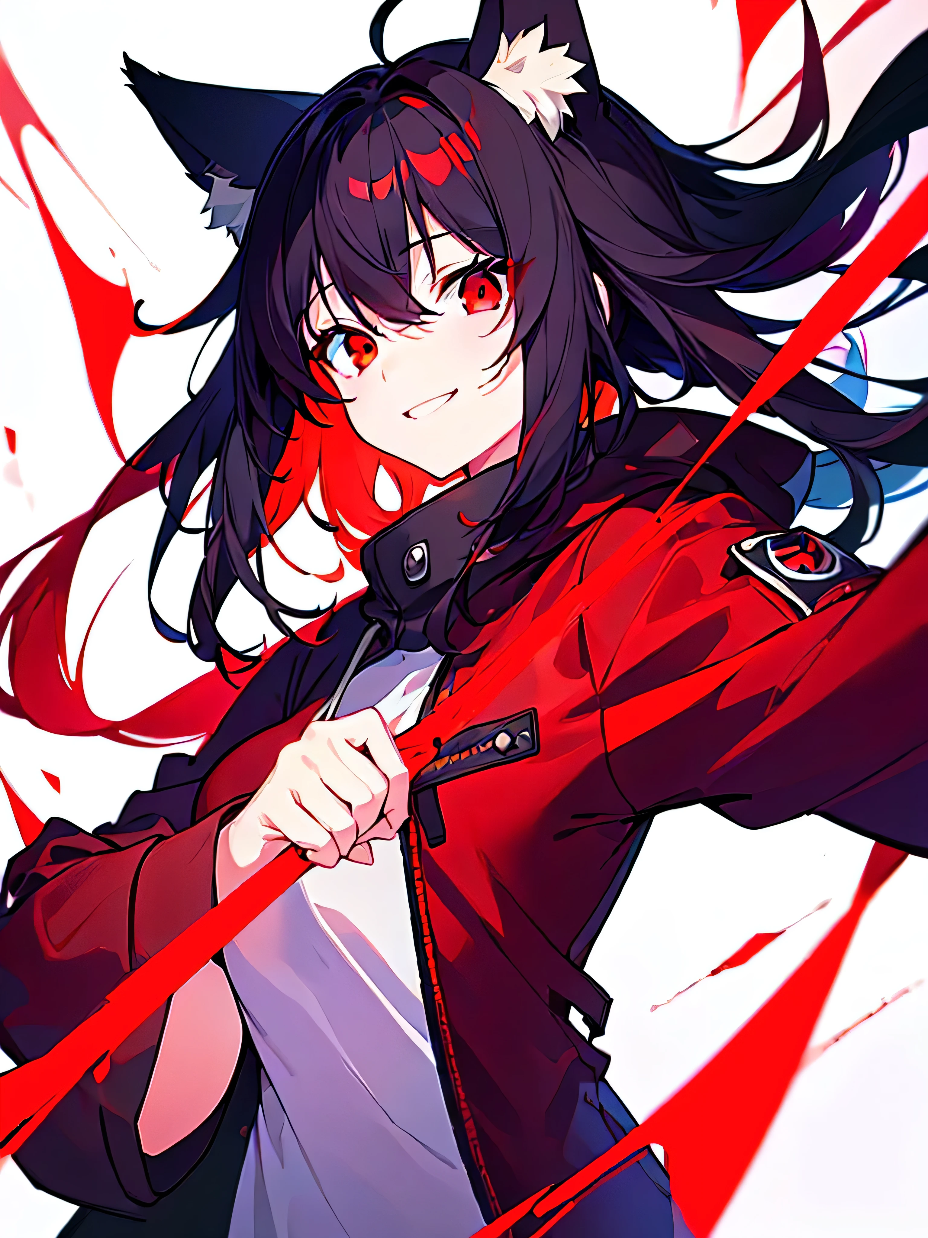 [(WHITE BACKGROUND:1.5),::5], ((((masterpiece)))), high quality, ultra very high resolution, full color, (((solo))), ((girl)), Black hair, (red inner hair), (red eyes), anime, ((upper body)), black parka, Fox ears, Fox red tails, light smile
