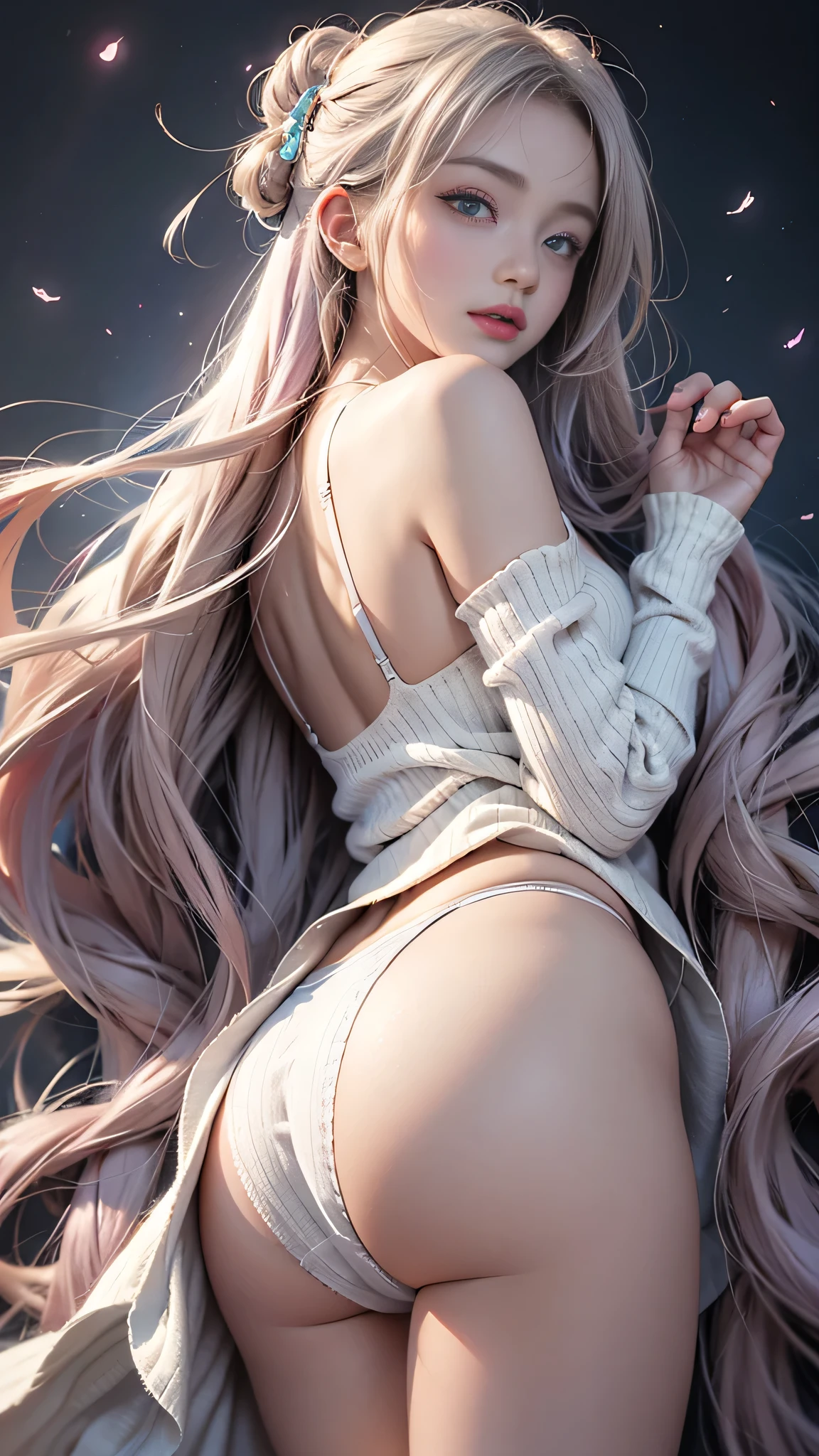 （((on the beds、Woman sleeping face down))）、((posterior view)),(Looks Back)（The back  visible）、（Sleeping face down）1 girl, Silver hair, striated hair, bangs, Blunt bangs, Long hair, Pink hair, aqua eyes, longeyelashes, Purple eyes, makeup, Smile, Parted lips, Realism, Verism, Surrealism, depth of fields, One-person viewpoint, F/1.8, 135 mm, canon, nffsw, retinas, masutepiece, ccurate, Anatomically correct, Textured skin, Super Detail, high details, High quality, Best Quality, hight resolution, 1080P, Hard disk, 4K, 8K、（(Off-the-shoulder pure white hand-knitted sweater dress、（stick out buttocks）((White T-back panties)),((sexypose))、(camel's toe),((No skirt))、(camel's toe),shinny skin。realisitic、Photorealsitic:1.37)、(Kpop Idol)、Medium Hair、(Pink blush)、(illuminating)、(solo)、dynamicposes (slim legs)、erotick、nffsw、Highly detailed ambient occlusion、超A high resolution,