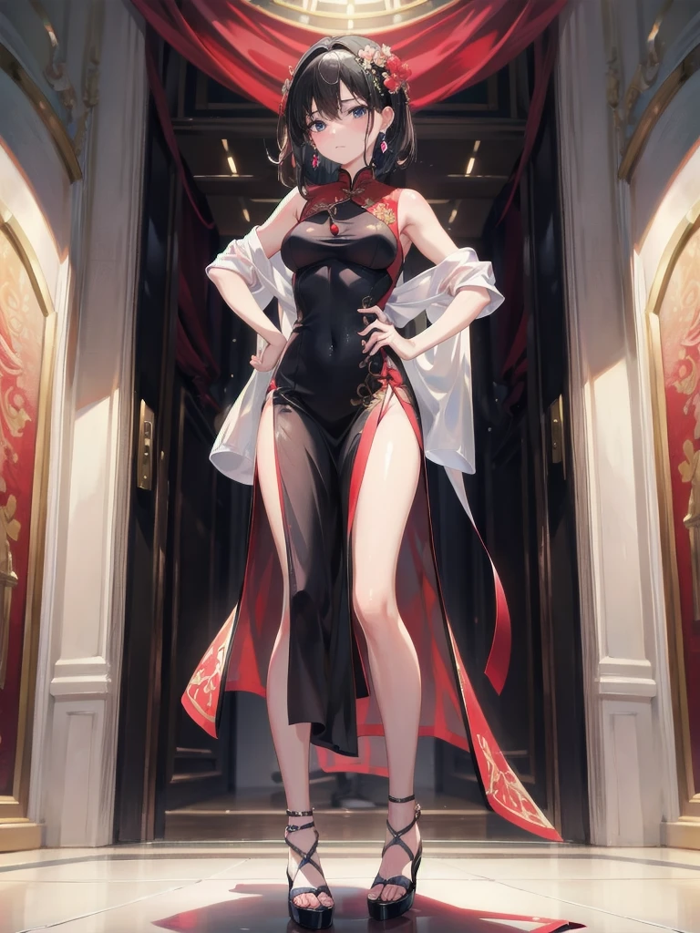 absurdres, RAW photo, extremely delicate and beautiful, masterpiece, Best Quality, ultra high resolution, 32k, hyperrealistic, ultra-detailed, perfect figure, in her 20s, very small head, very small face, delicate facial features, tearful mole, earring, very huge breasts, full body shot, medium hair, black hair, whole red Cheongsam, Slit skirt,