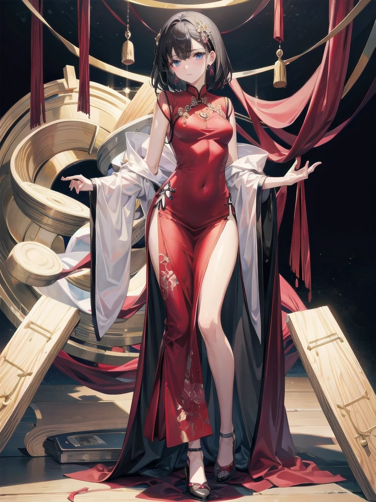 absurdres, RAW photo, extremely delicate and beautiful, masterpiece, Best Quality, ultra high resolution, 32k, hyperrealistic, ultra-detailed, perfect figure, in her 20s, very small head, very small face, delicate facial features, tearful mole, earring, very huge breasts, full body shot, medium hair, black hair, whole red Cheongsam, Slit skirt,