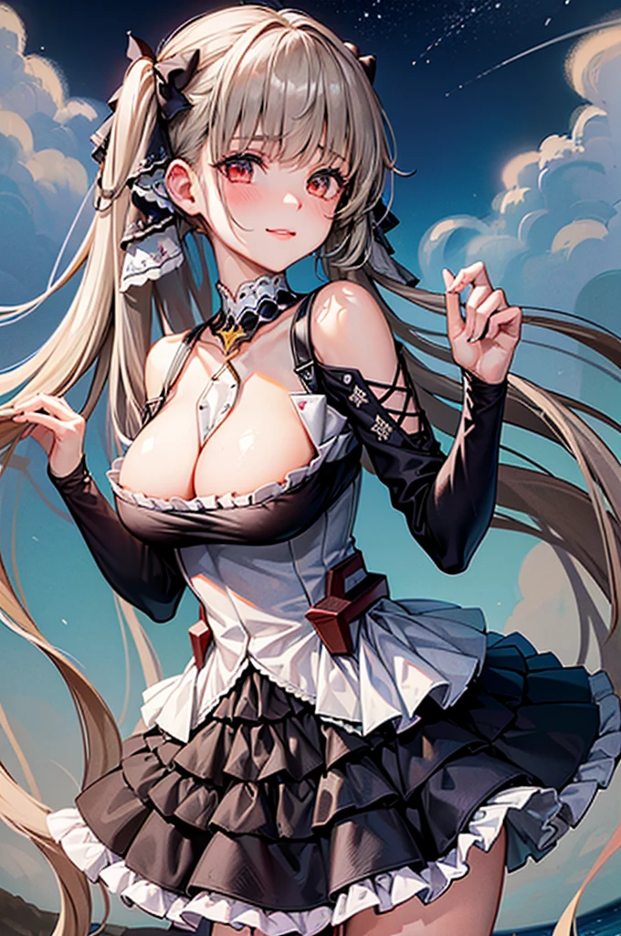 ((dress_default, terrific_default, ornament_waist)):1.5,((独奏, 1girl)) ((masterpiece,Highest quality,Highly detailed images,Beautiful images、Realistic、Dutch Angle)),（Top-down angle image）、 (Bright lighting overall、Backlight、A fantastic atmosphere、Thick Fog、Dust flutters),(Sexy pose、Beautiful cleavage、huge breasts, Place your hands behind your back:1.5、Leaning forward、Charming smile), ((Beautiful starry sky、shooting star、Ocean))、Black sleeves、Emphasize the chest、Looking up、Hands behind the body、Leaning forwardに
