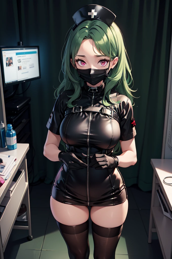 black nurse, 1woman, solo, black nurse cap, black nurse uniform, ((black legwear, zettai ryouiki)), black elbow gloves, forehead, long hair, green hair, pink eyes, ((black surgical mask, covered nose)), standing, ((surgery room)), sharp outline, short sleeves, mature female, 35 years old, best quality, masterpiece