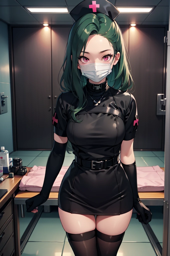 black nurse, 1woman, solo, black nurse cap, black nurse uniform, ((black legwear, zettai ryouiki)), black elbow gloves, forehead, long hair, green hair, pink eyes, ((black surgical mask, covered nose)), standing, ((surgery room)), sharp outline, short sleeves, mature female, 35 years old, best quality, masterpiece