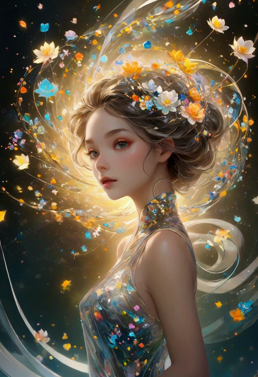 1 Woman,The delicate face gradually disappears, Twisted but still fascinating, Thousand Flower Glass, swirl, Abstract Aesthetics, symmetry, fantasy,magic,mystery,illusory,Dreamy,Concept map of the scene, Ultra-high resolution, masterpiece, best quality