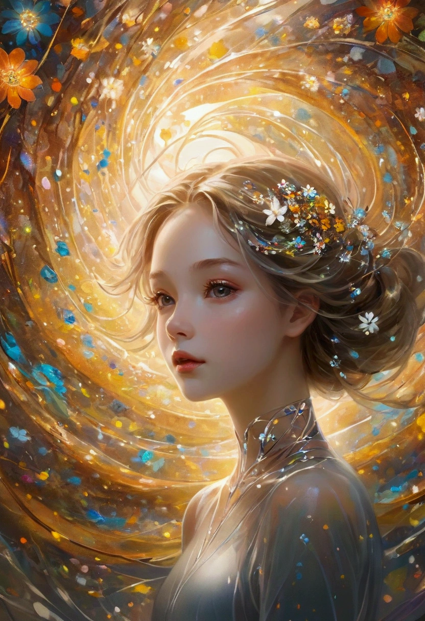1 Woman,The delicate face gradually disappears, Twisted but still fascinating, Thousand Flower Glass, swirl, Abstract Aesthetics, symmetry, fantasy,magic,mystery,illusory,Dreamy,Concept map of the scene, Ultra-high resolution, masterpiece, best quality