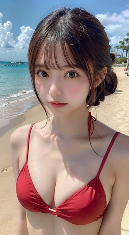 Tabletop, Highest quality, figure, Super detailed, In detail, High resolution, 8k wallpaper, Perfect dynamic composition, Beautiful attention to detail, Random color bikini, Random cute hairstyles, Medium chest, Natural color lip,Beach, Random and cute poses,