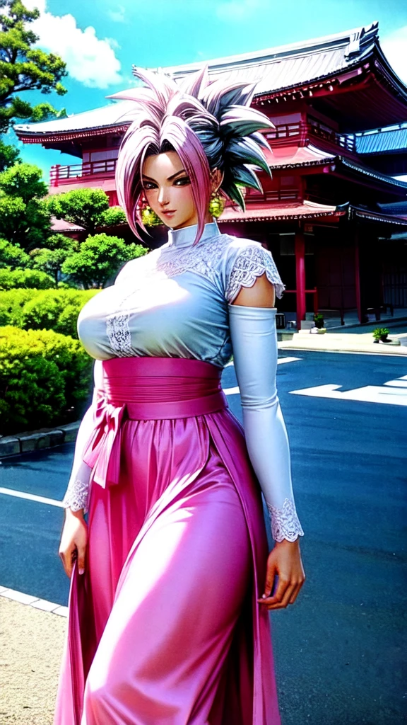 Kefla,wearing a white lace blouse and a pink skirt, standing in front of a traditional Japanese building with greenery in the background. The image has a delicate, feminine aesthetic and a relaxed, natural feel.