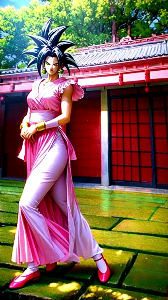 Kefla,wearing a white lace blouse and a pink skirt, standing in front of a traditional Japanese building with greenery in the background. The image has a delicate, feminine aesthetic and a relaxed, natural feel.